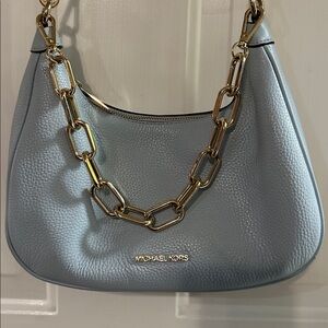Michael Kors Light Blue Shoulder Bag with Gold Chain and matching Wallet